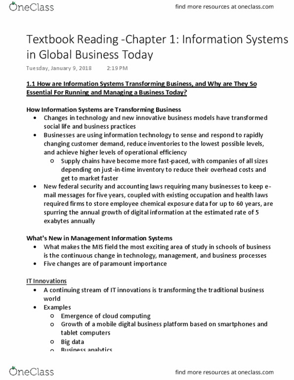 COMMERCE 2KA3 Chapter 1: Textbook Reading -Chapter 1 Information Systems in Global Business Today thumbnail