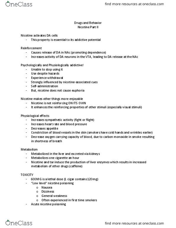 NROSCI 0081 Lecture Notes - Lecture 22: Smoking Cessation, Nicotine, Caffeine thumbnail