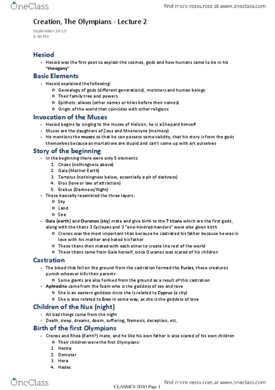 CLASSICS 2D03 Lecture Notes - Typhon, Castration, Comefrom thumbnail