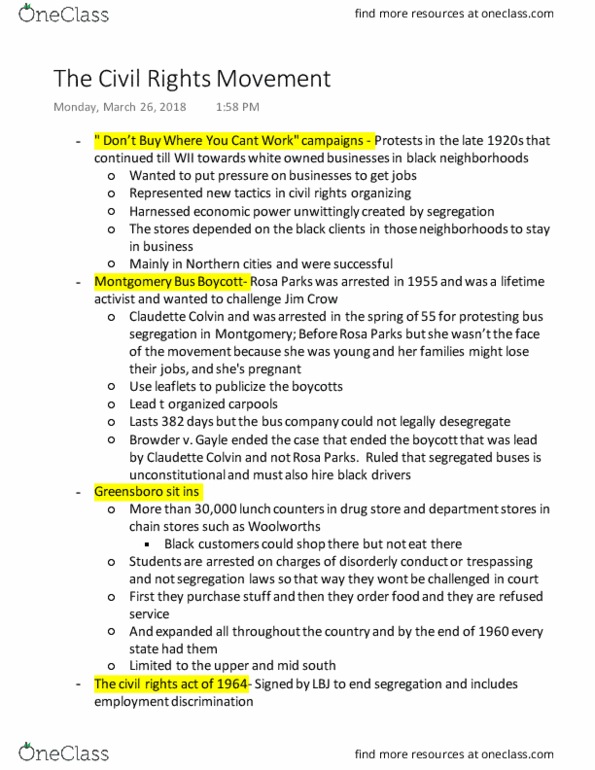 HIST 289R Lecture Notes - Lecture 16: The Rabbits, Montgomery Bus Boycott, Claudette Colvin thumbnail