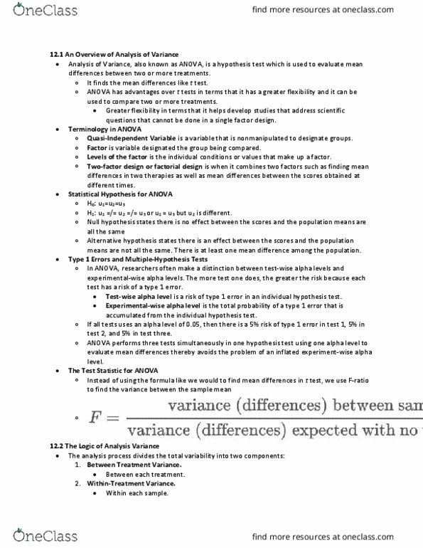 PSYC 2022 Chapter Notes - Chapter 12: Variance, Null Hypothesis, Statistical Hypothesis Testing thumbnail