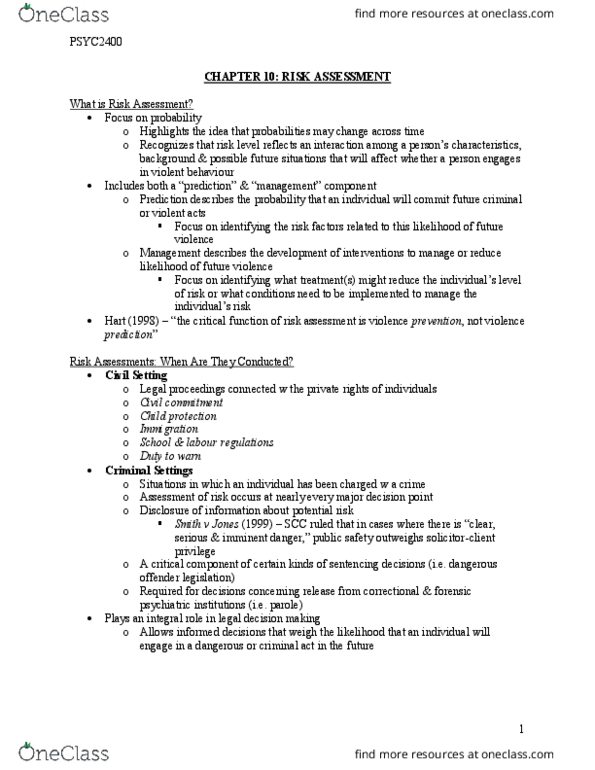 PSYC 2400 Chapter Notes - Chapter 10: Sex Offender, Base Rate, Dangerous Offender thumbnail