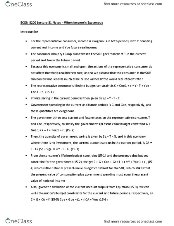 ECON 3200 Lecture Notes - Lecture 31: Consumption Smoothing, Real Interest Rate, Budget Constraint thumbnail