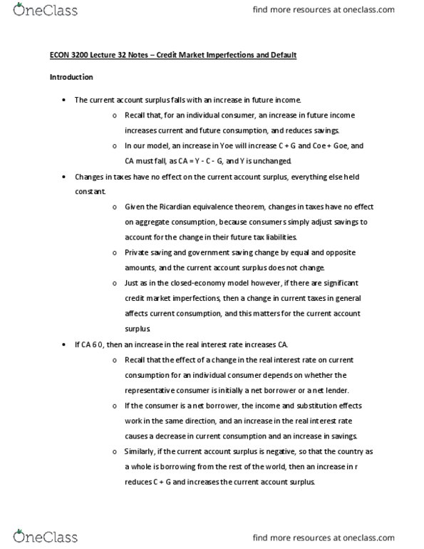 ECON 3200 Lecture Notes - Lecture 32: Government Debt, Real Interest Rate, Ricardian Equivalence thumbnail