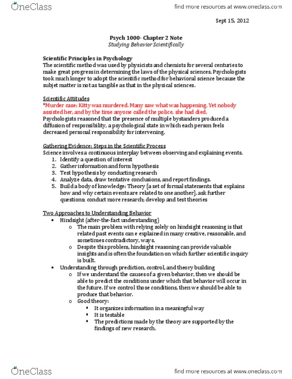 Psychology 1000 Chapter 2: chapter 2 notes- studying behavior scientifically.docx thumbnail