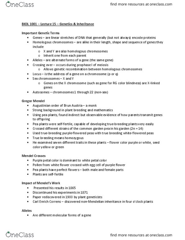 BIOL 1001 Lecture Notes - Lecture 15: Sickle-Cell Disease, Gamete, Siamese Cat thumbnail