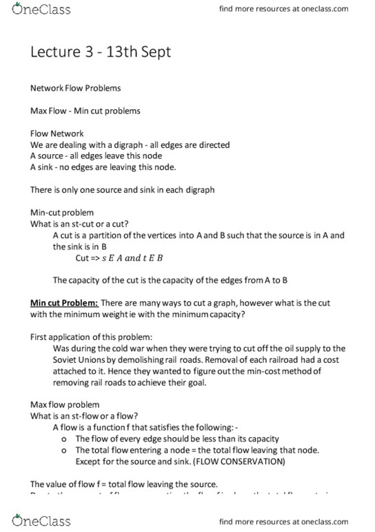 COMP 360 Lecture Notes - Lecture 3: Flow Network, The Algorithm, Maximum Flow Problem thumbnail
