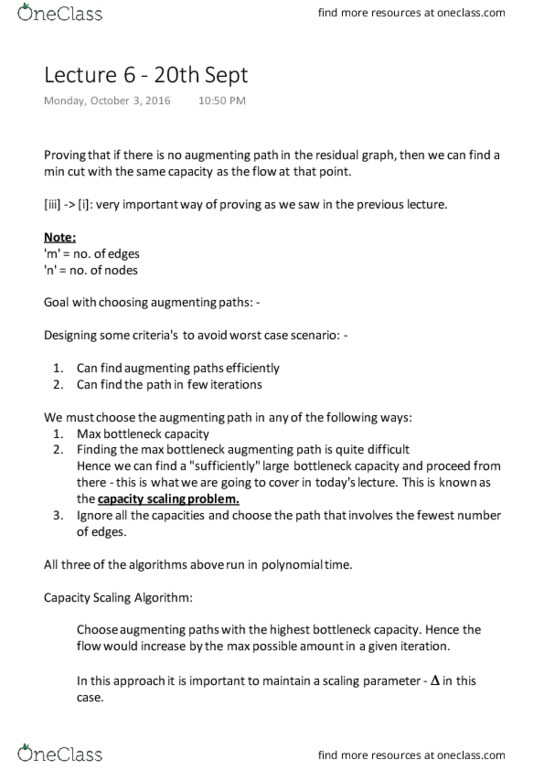 COMP 360 Lecture Notes - Lecture 6: If And Only If, Flow Network, Maximum Flow Problem thumbnail