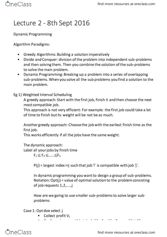 COMP 360 Lecture Notes - Lecture 2: Memoization, Dynamic Programming thumbnail