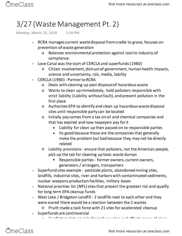 ENSP 102 Lecture Notes - Lecture 14: National Priorities List, Love Canal thumbnail