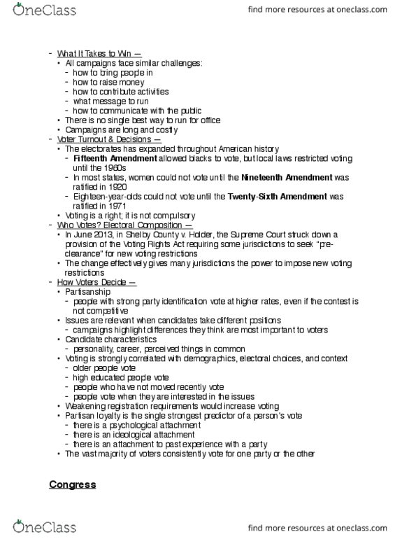 POLI 1090 Lecture Notes - Lecture 13: Connecticut Compromise, Voting Rights Act Of 1965 thumbnail