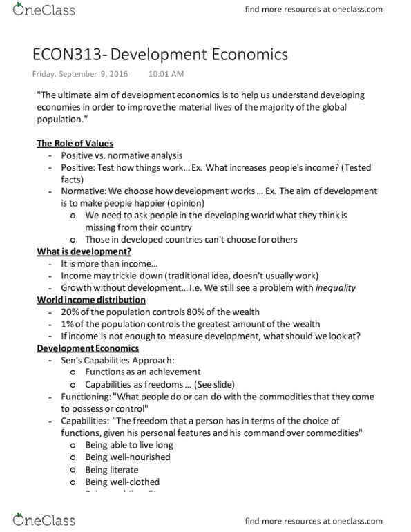 ECON 313 Lecture Notes - Lecture 1: Sustainable Development Goals, Capability Approach, Normative Economics thumbnail