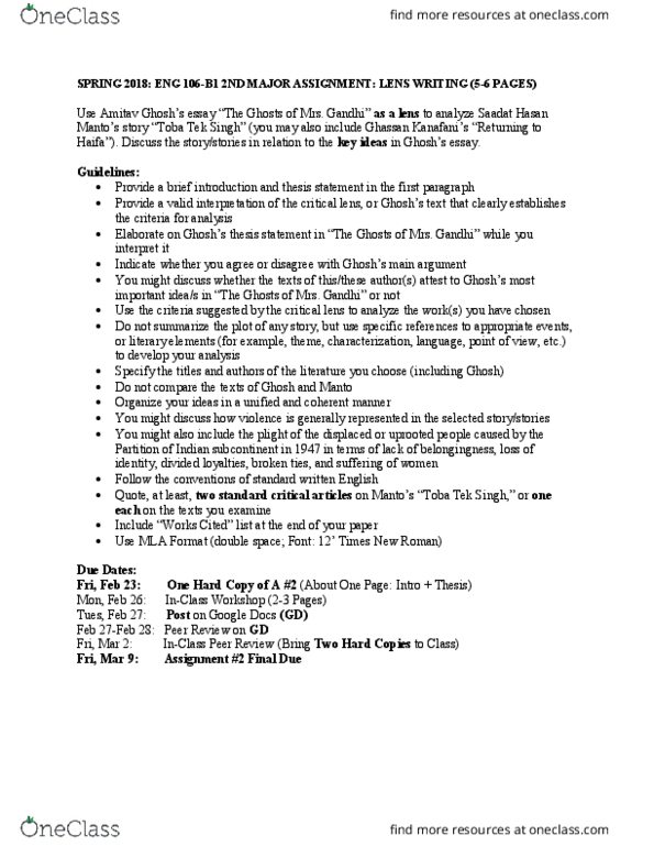 ENG 106 Lecture Notes - Lecture 1: Standard Written English, Times New Roman, Thesis Statement thumbnail