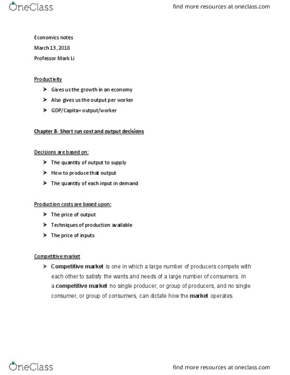 ECO 1302 Lecture Notes - Lecture 11: Marginal Revenue, Marginal Cost, Perfect Competition thumbnail