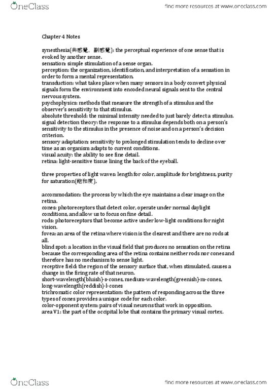 PSYA01H3 Chapter Notes - Chapter 4: Visual Cortex, Trichromacy, Receptive Field thumbnail