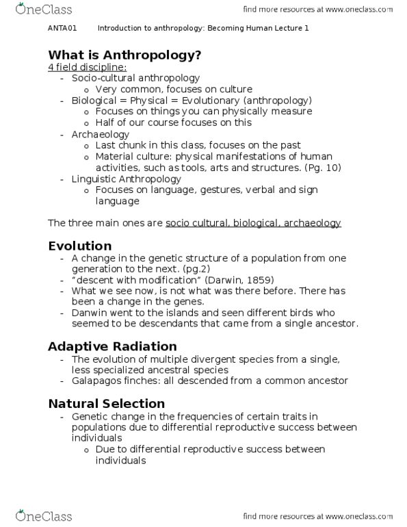 ANTA01H3 Lecture Notes - Industrial Revolution, Evolutionary Pressure, Sociocultural Anthropology thumbnail