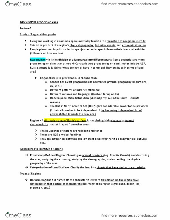 Geography 2010A/B Lecture Notes - Lecture 1: Central Canada thumbnail