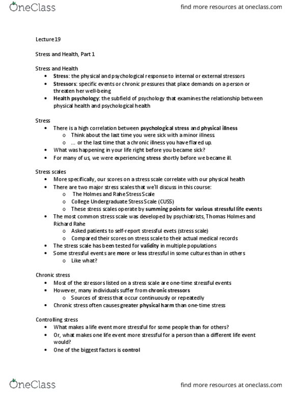 PSYA02H3 Lecture Notes - Lecture 19: Evolutionary Medicine, Cortisol, Posttraumatic Stress Disorder thumbnail