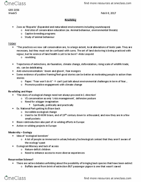 Geography 2156B Lecture Notes - Lecture 5: Biogeography, Passenger Pigeon, Defaunation thumbnail