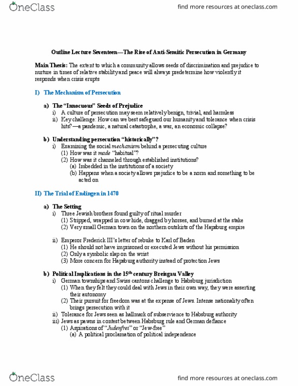 MMW 13 Lecture Notes - Lecture 17: Charnel House, Medieval Antisemitism, Habsburg Monarchy thumbnail