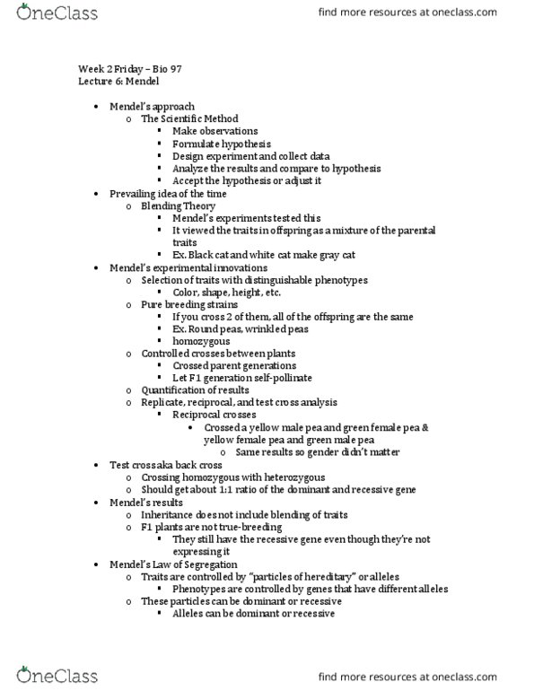 BIO SCI 97 Lecture Notes - Lecture 6: Gamete, Zygosity thumbnail