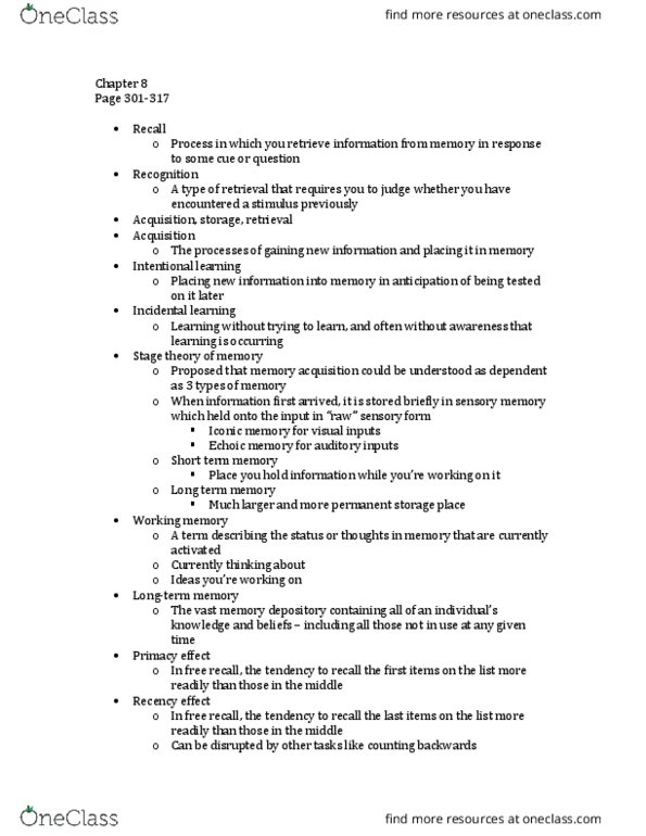 PSY BEH 11B Chapter Notes - Chapter 8: Episodic Memory, Forgetting Curve, Procedural Memory thumbnail