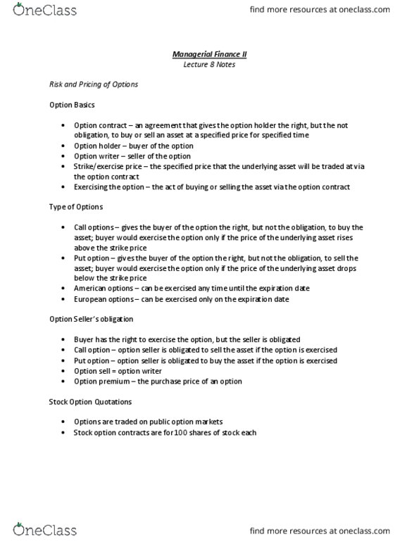 FIN 401 Lecture Notes - Lecture 8: Option Contract, Put Option, Call Option thumbnail