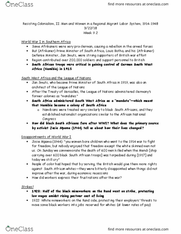 HIST 439 Lecture Notes - Lecture 12: Radicalization, Marriage, African National Congress Youth League thumbnail