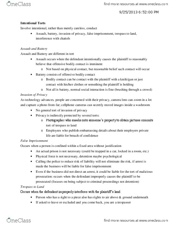 LAW 122 Chapter Notes - Chapter 4: Malicious Prosecution, Detinue, False Imprisonment thumbnail