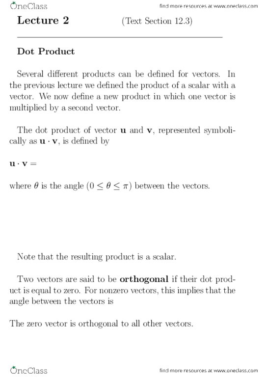 MAC 2313 Lecture Notes - Lecture 2: Dot Product, Unit Vector, Trigonometry thumbnail