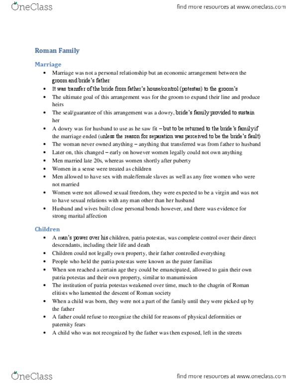 CLA231H1 Lecture Notes - Lecture 8: Pater Familias, Potestas, Nuclear Family thumbnail
