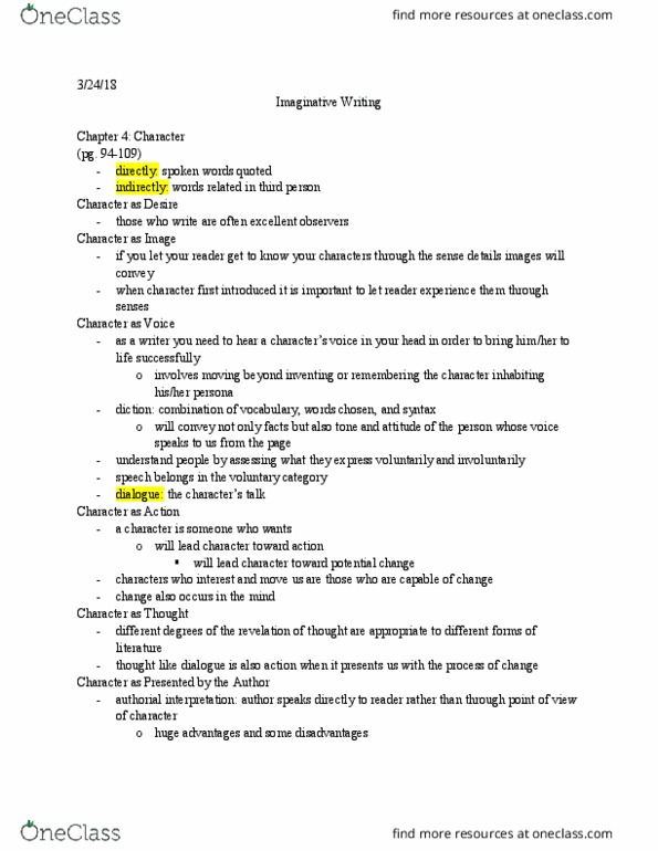 ENGL 2744 Chapter 4 pg. 94-109: Imaginative Writing 4th Edition pg 94-109 outline thumbnail