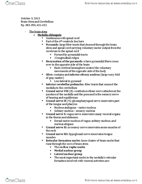 Anatomy and Cell Biology 3319 Chapter Notes -Superior Cerebellar Peduncle, Inferior Olivary Nucleus, Facial Nerve thumbnail