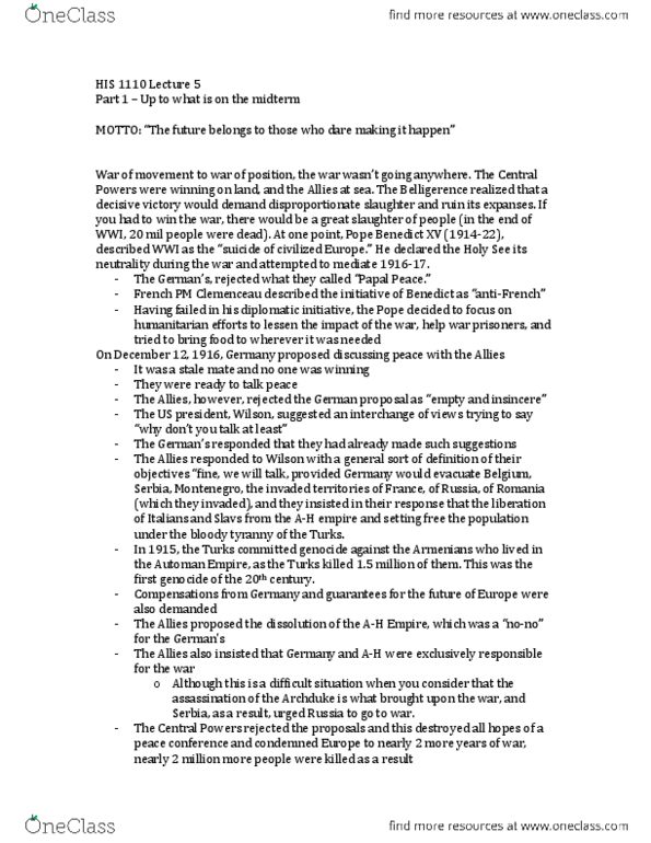 HIS 1110 Lecture Notes - Lecture 5: Paul Von Hindenburg, Zimmermann Telegram, Central Powers thumbnail