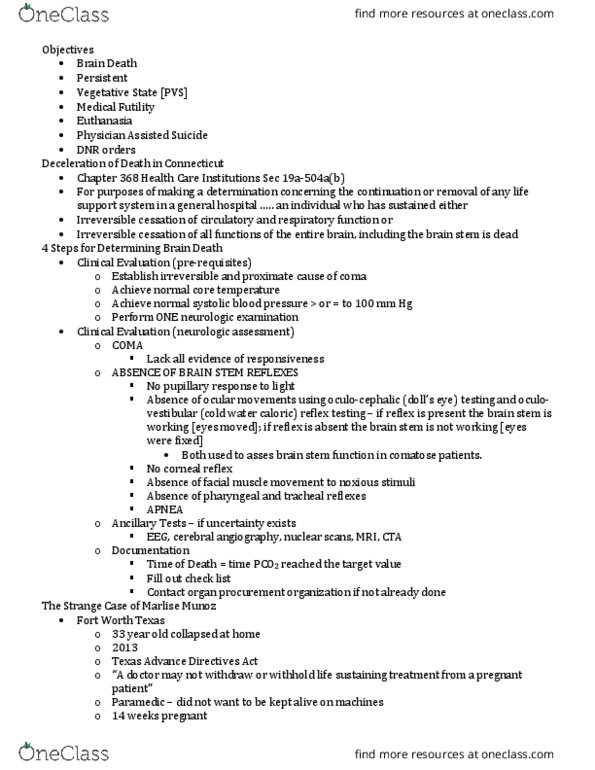 NURS 3225 Lecture Notes - Lecture 14: Cruzan V. Director, Missouri Department Of Health, Irreversible Process, Neurological Examination thumbnail