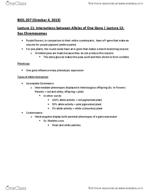 BIOL207 Lecture Notes - Lecture 11: Lethal Allele, Pleiotropy, Zygosity thumbnail