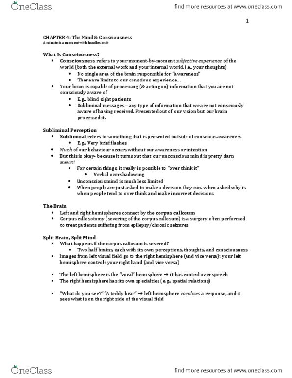 PSY100H1 Chapter Notes - Chapter 4: Corpus Callosotomy, Fusiform Face Area, Unconscious Mind thumbnail