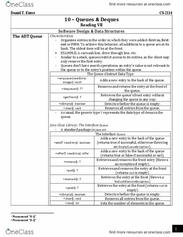 CS 2114 Chapter Notes - Chapter Queues and Deques: Double-Ended Queue, The Queue, Pseudocode thumbnail