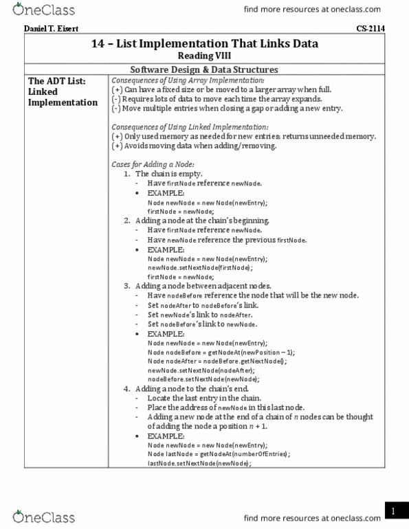 CS 2114 Chapter Notes - Chapter List Implementation That Links Data: Precondition thumbnail