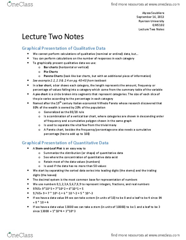 QMS 102 Lecture Notes - Vilfredo Pareto, Pareto Chart, Pie Chart thumbnail