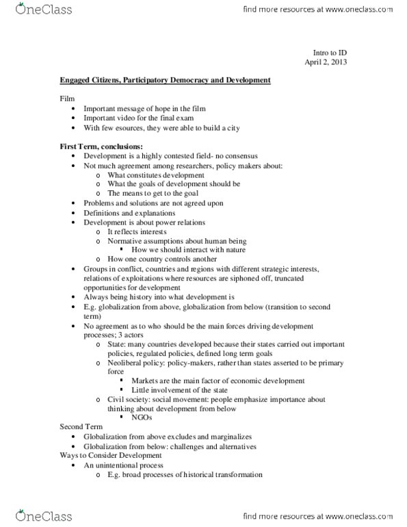 SOSC 1430 Lecture Notes - Civil Society, Neoliberalism, Villa El Salvador thumbnail