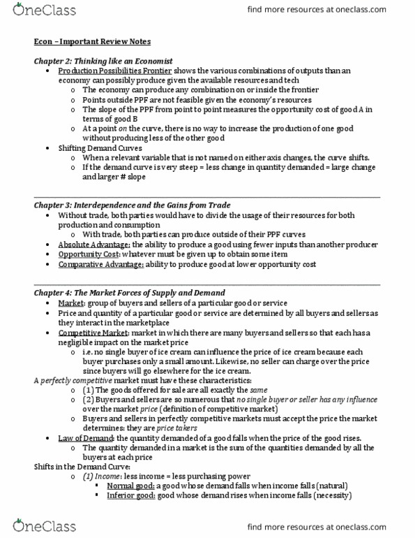 ECON 1 Chapter Notes - Chapter 2-6: Price Ceiling, Inferior Good, Price Floor thumbnail