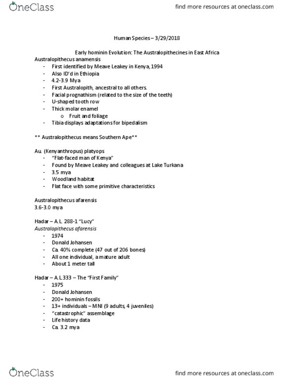 ANT 2511 Lecture Notes - Lecture 14: Meave Leakey, Laetoli, Richard Leakey thumbnail