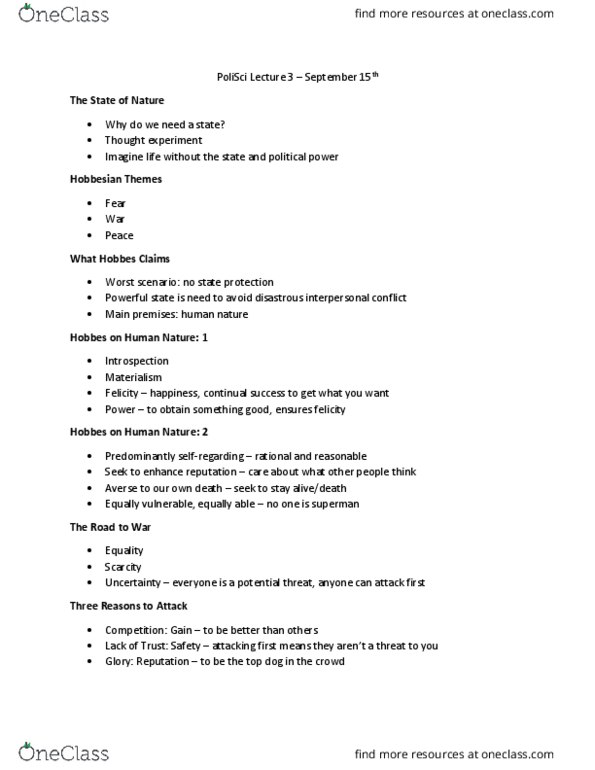 Political Science 1020E Lecture Notes - Lecture 3: Thomas Hobbes, Thought Experiment, Rationality thumbnail