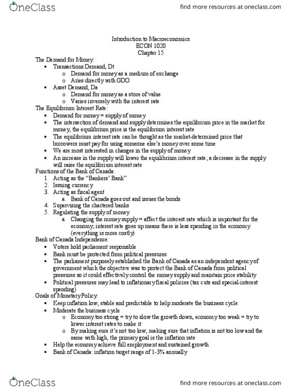 ECON 1010 Lecture Notes - Lecture 15: Economic Equilibrium, Inflation Targeting, Money Supply thumbnail