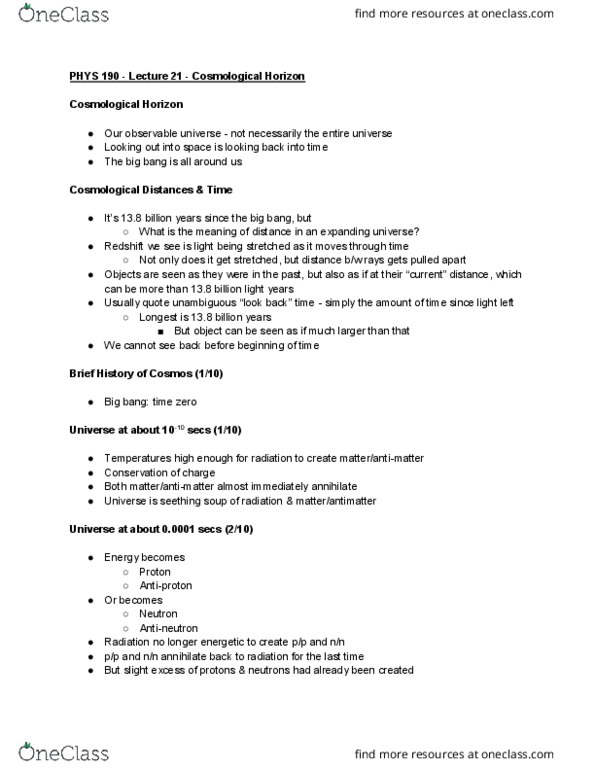 PHYS 190 Lecture Notes - Lecture 21: Antineutron, Big Bang, Observable Universe thumbnail