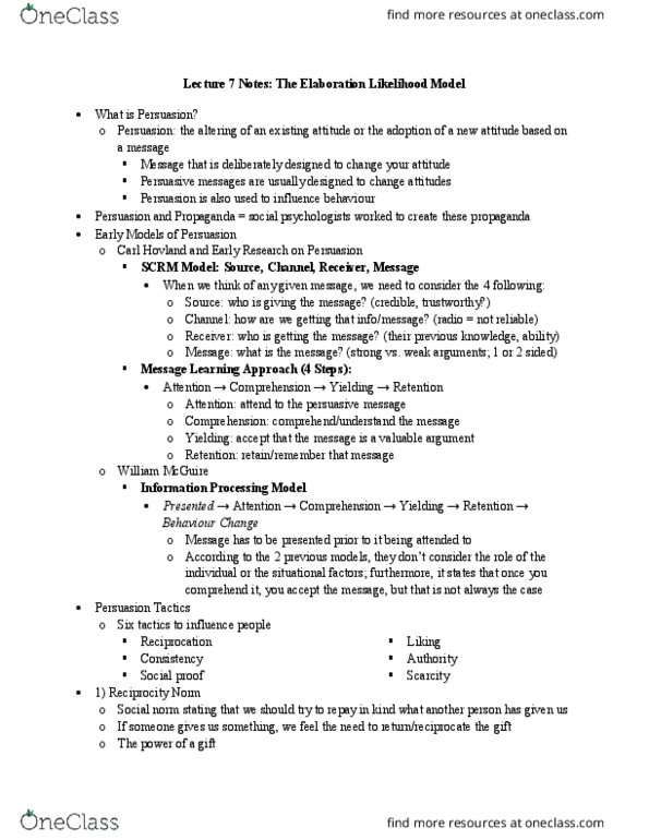 PSY320H1 Lecture Notes - Lecture 7: Elaboration Likelihood Model, Carl Hovland, Social Proof thumbnail