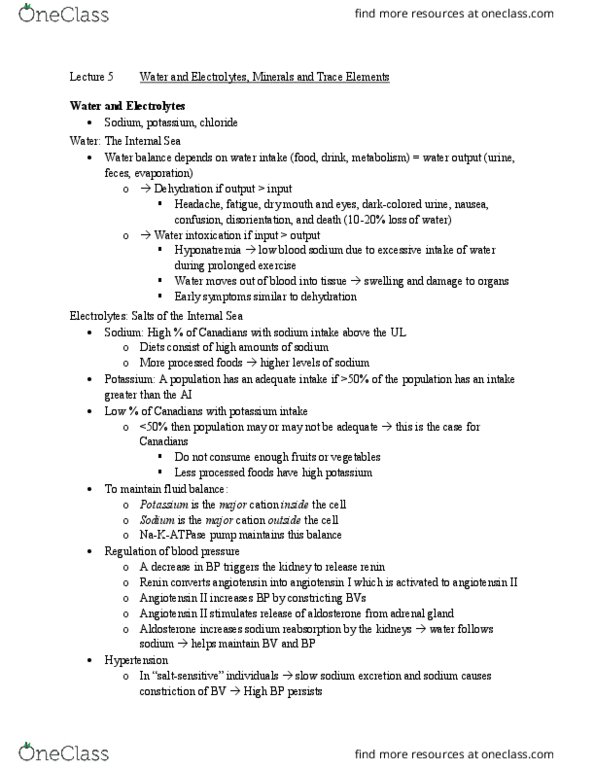 NFS284H1 Lecture Notes - Lecture 5: Dietary Reference Intake, Angiotensin, Water Intoxication thumbnail