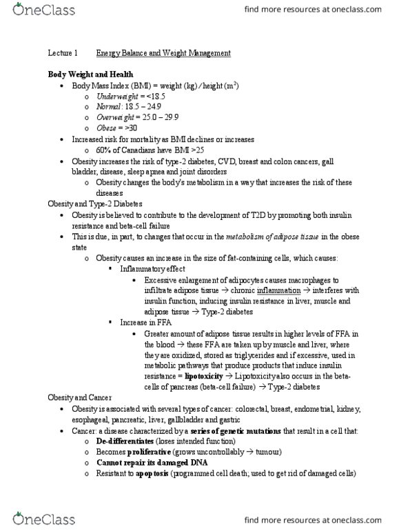 NFS284H1 Lecture Notes - Lecture 1: Body Mass Index, Insulin Resistance, Underweight thumbnail