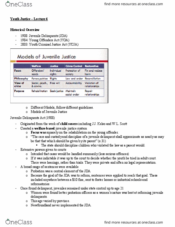 SOC 3710 Lecture Notes - Lecture 6: Youth Criminal Justice Act, Juvenile Delinquency, Young Offenders Act thumbnail